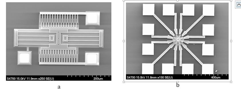 Figure 1. MEMS Resonator (a) and MEMS Actuator (b) (pictures are the property of MEMS & Nanotechnology Exchange)